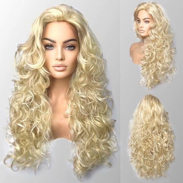 Drag pruik lichtblond mix lang haar veel krullen zonder pony, Verzenden, Nieuw, Pruik of Haarverlenging
