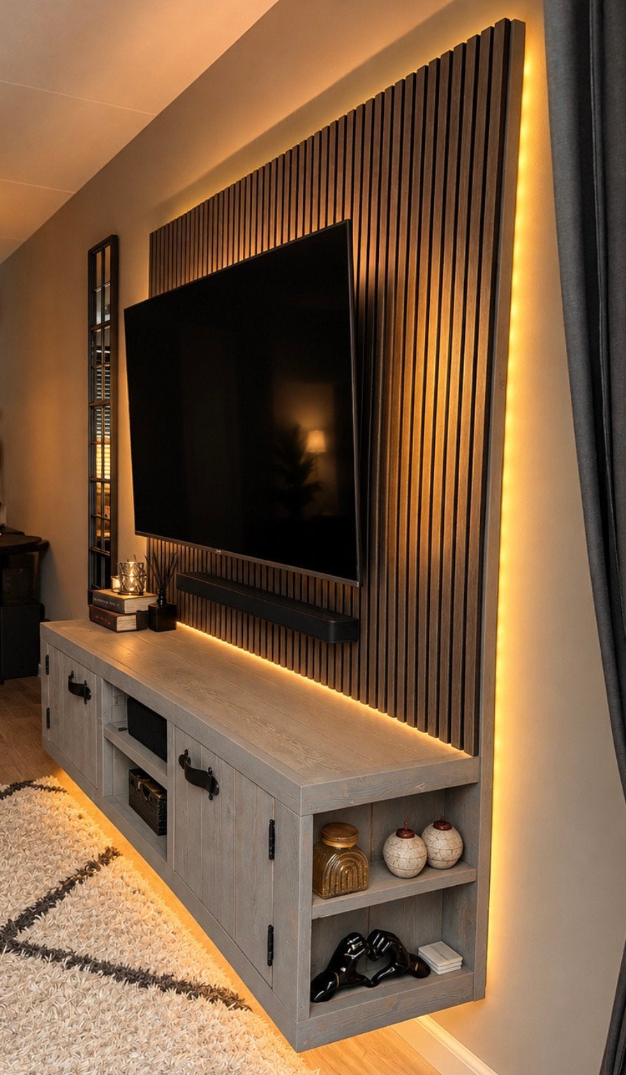 Tv wandmeubel van steigerhout met lattenwand., 200 cm of meer, Ophalen of Verzenden, Zo goed als nieuw, 25 tot 50 cm