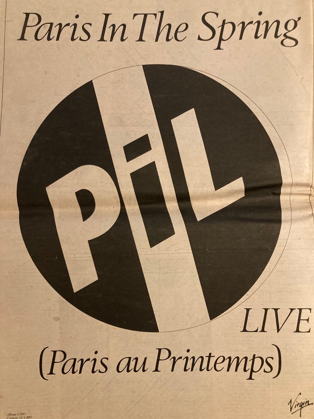 Paginagrote A3 advertentie PIL Paris In The Spring tour, Ophalen of Verzenden, Gebruikt