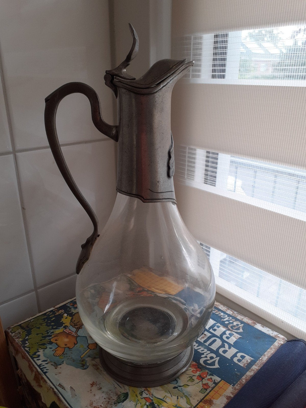 Antieke Glazen Karaf met Tinnen Montuur - Nieuwstaat, Ophalen of Verzenden