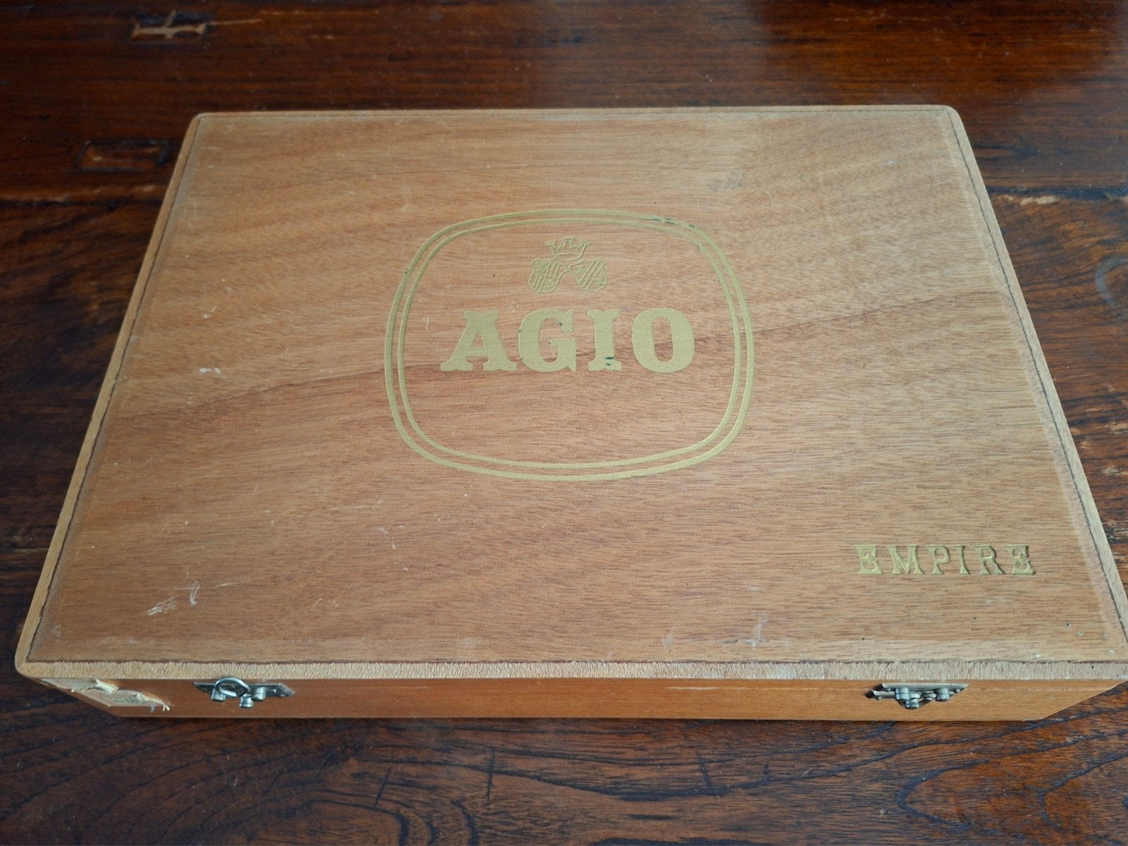 Grote vintage Agio Empire Sigarendoos - Houten Opbergdoos, Ophalen of Verzenden, Gebruikt, Tabaksdoos of Verpakking