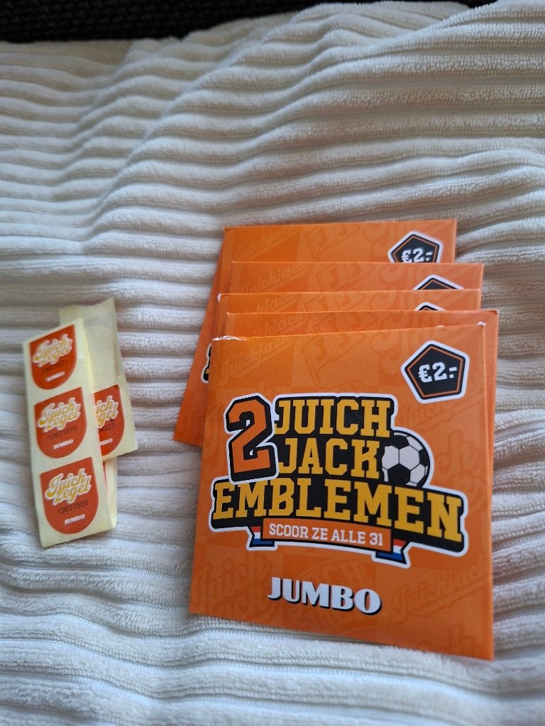 Jumbo juich emblemen (7 stuks) en 14 jumbo juich zegels., Verzamelen, Supermarktacties, Jumbo, Ophalen of Verzenden