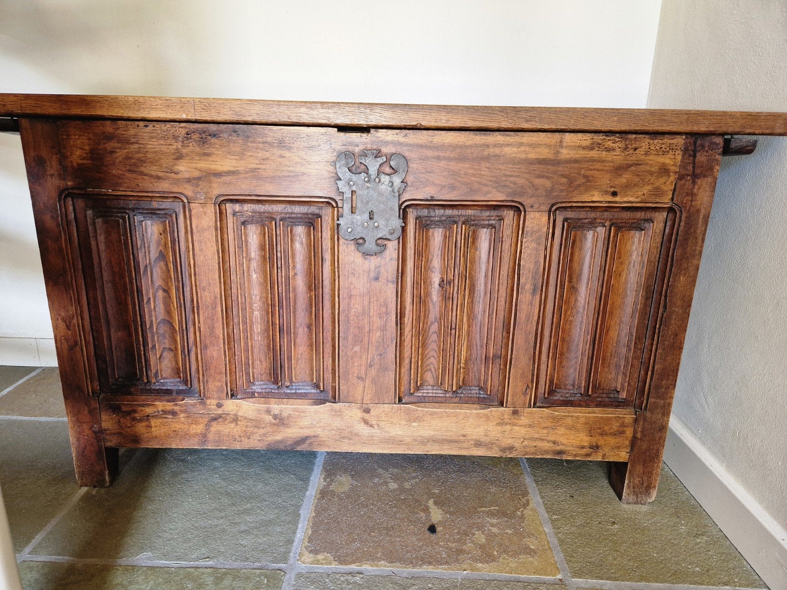 Antieke eikenhouten dekenkist met linenfold, Antiek en Kunst, Antiek | Woonaccessoires, Ophalen