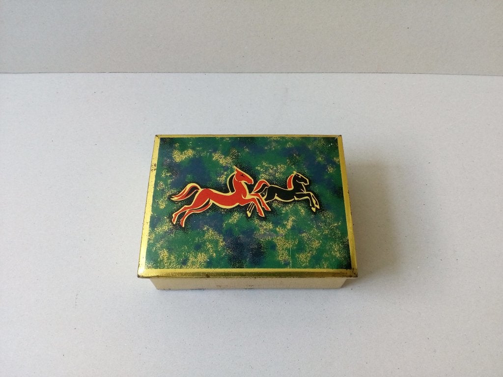 Blik (afbeelding paarden/oude glazen knikkers., Antiek en Kunst, Curiosa en Brocante, Ophalen of Verzenden