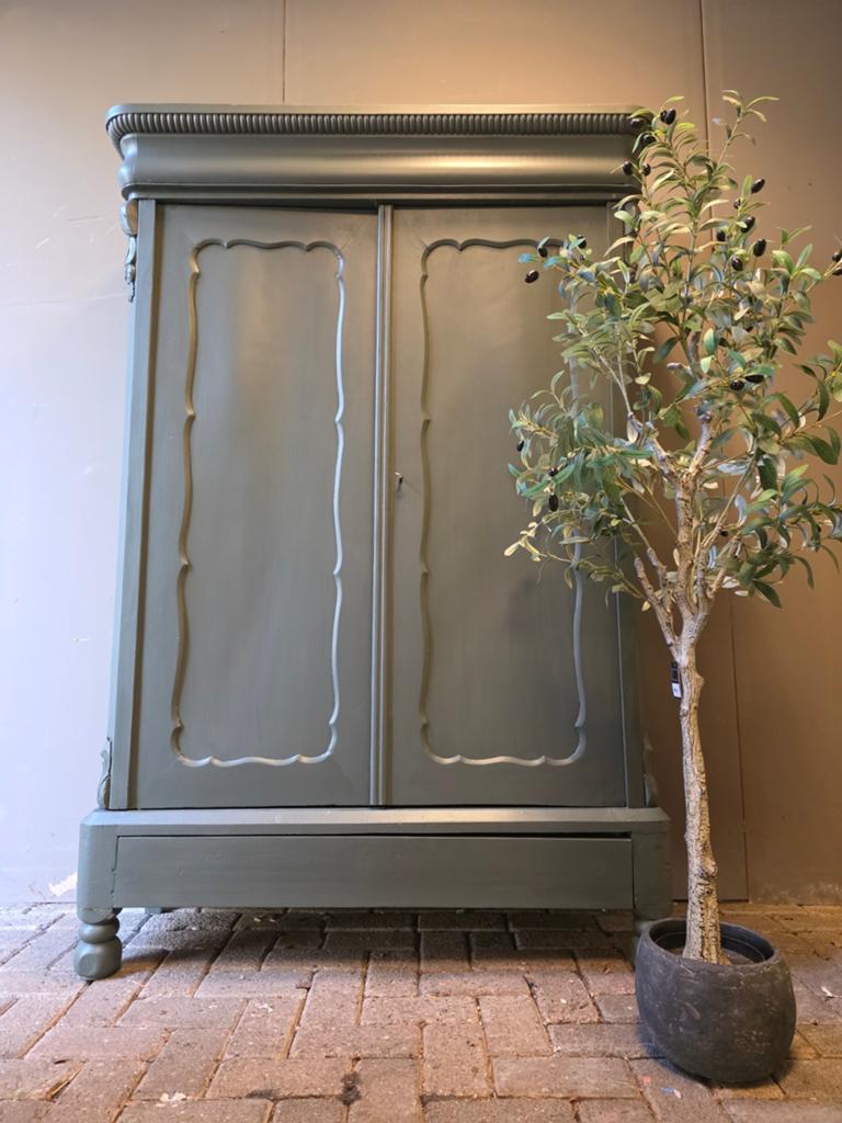 Groene biedermeier meidenkast kledingkast demontabel bez mog, Ophalen of Verzenden