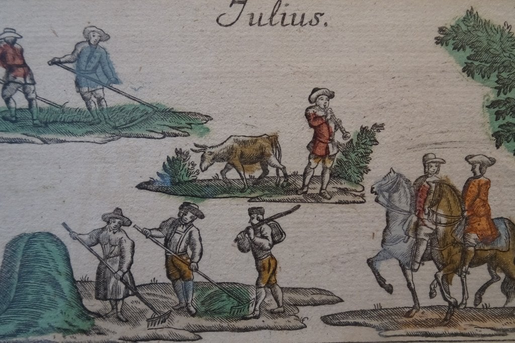 Vrolijke gravure Julius, juli hooimaand 18e eeuw paardrijden, Mythologie, Ingelijst, Ophalen of Verzenden, Gravure