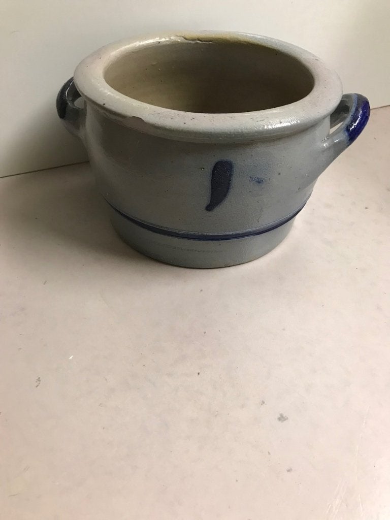Vintage Aardewerken zoutpot met Handvatten - Grijs/Blauw, Gebruikt, Ophalen of Verzenden, Natuurlijk materiaal, Voorraadpot