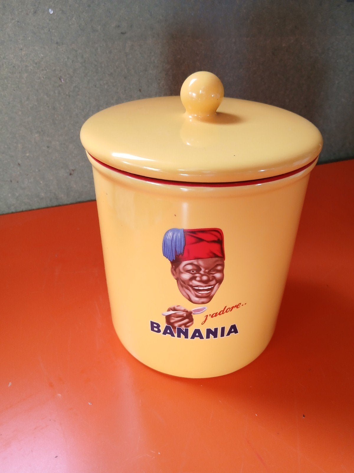 Vintage Banania voorraadpot - Geel met iconische afbeelding, Ophalen of Verzenden
