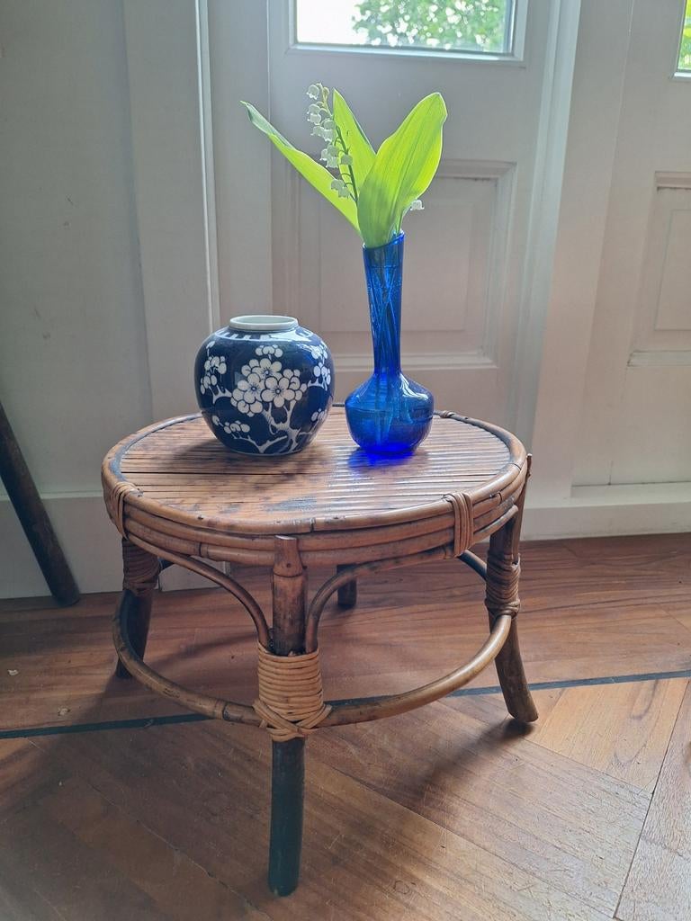 Vintage bamboe plantentafeltje, burnt bamboo  krukje 70's, Ophalen of Verzenden
