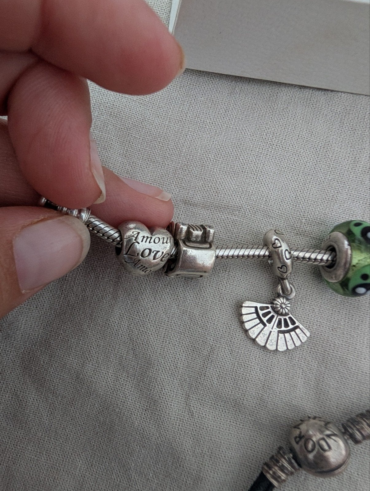 Pandora Armbanden Set: Zilver & Leder met 10 Bedels, Gebruikt, Zilver, Zilver, Met bedels of kralen