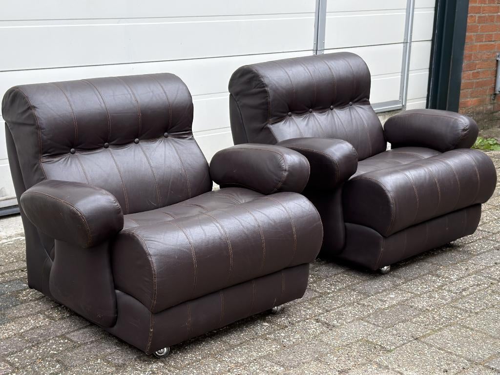 Vintage Jaren 70 Fauteuils Lounge chairs Patchwork Leer, Huis en Inrichting, Fauteuils, Ophalen, Gebruikt, Leer, 50 tot 75 cm