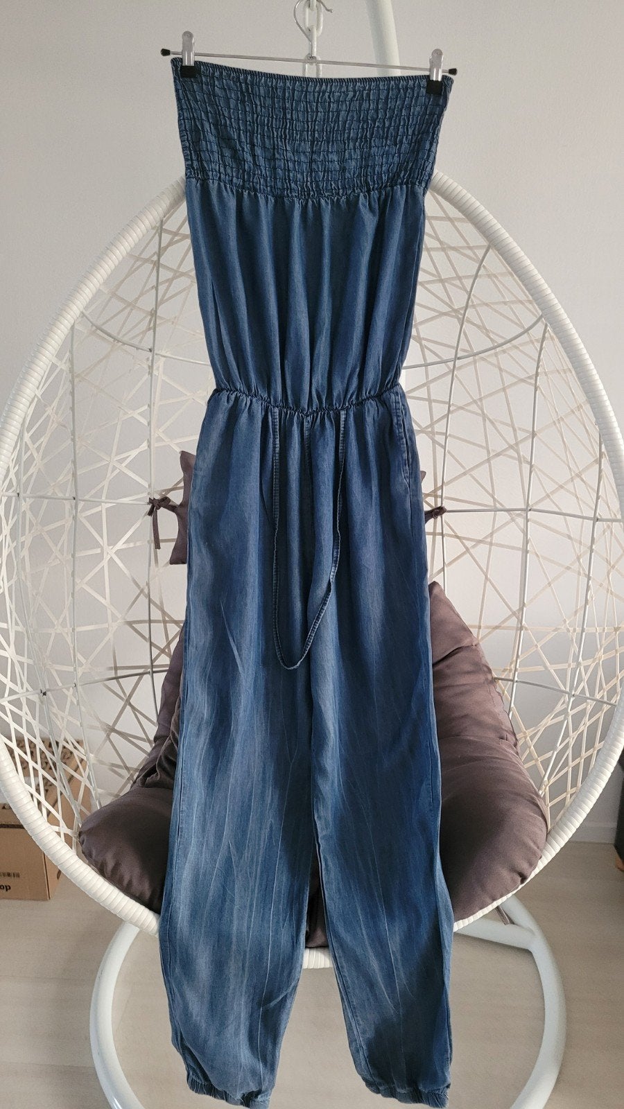 Jumpsuit spijker stof strapples model mt 38 zgn, Ophalen of Verzenden, Zo goed als nieuw, Maat 38/40 (M), Blauw