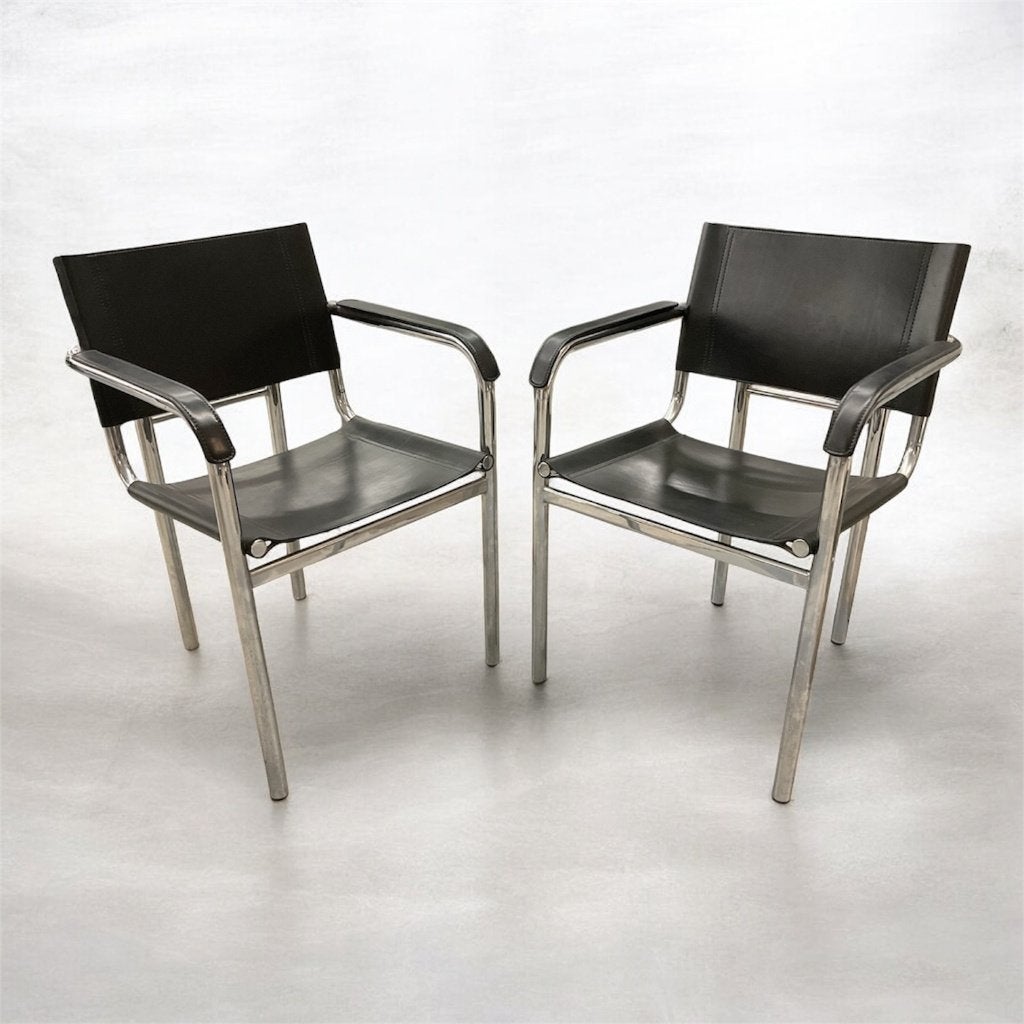 Set vintage buisframe en zadelleer stoelen Bauhaus # 234, Ophalen, Gebruikt, Design stoelen, Chroom en leer