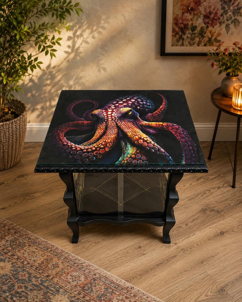 Zwarte bijzettafel / salontafel met glazen deurtjes, Antiek en Kunst, Ophalen
