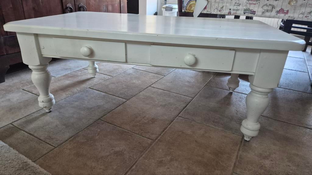 Opknappertje Witte salontafel met lades, landelijke stijl, Ophalen, Gebruikt, 50 tot 100 cm, 100 tot 150 cm