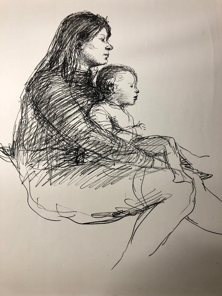 rotaprent Aat Veldhoen moeder en kind, 1964, Ophalen of Verzenden, 49 cm, 34 cm, Portret
