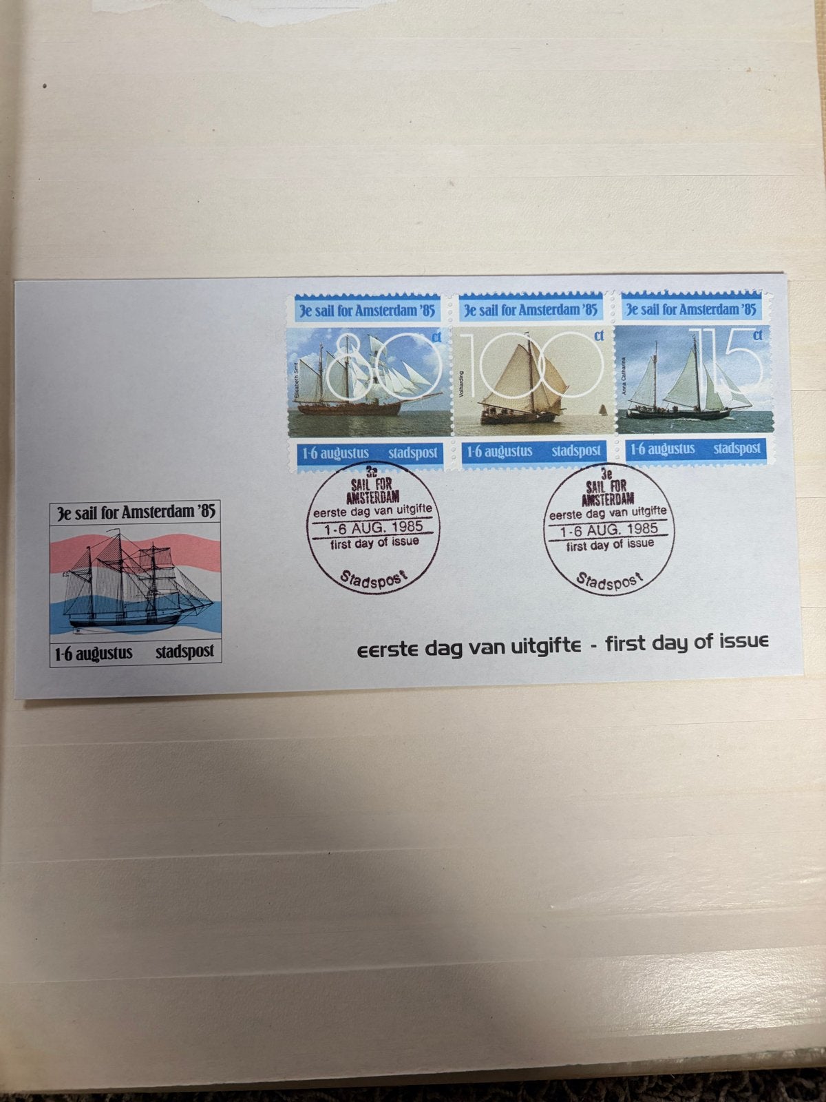 Eerste Dag Enveloppe SAIL Amsterdam '85, Ophalen of Verzenden, Na 1940, Gestempeld