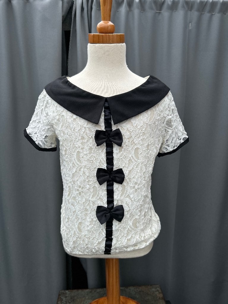 Vintage look Kanten Blouse zwart wit, grote zwarte kraag, Wit, Ophalen of Verzenden, Zo goed als nieuw, X