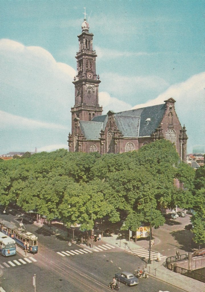 AMSTERDAM Westertoren Kerk met Tram en Bus, Verzenden, 1960 tot 1980, Ongelopen, Noord-Holland