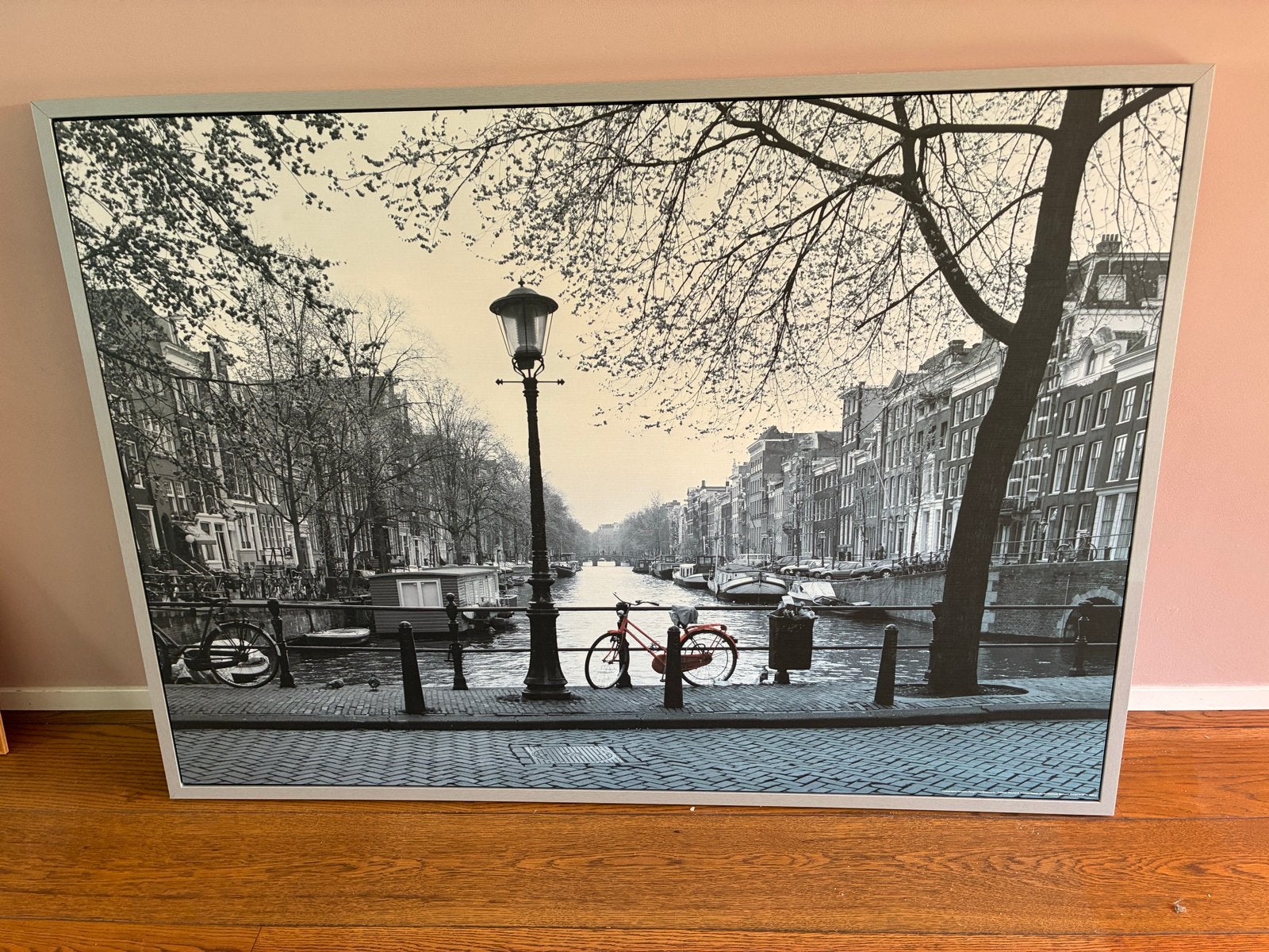 Amsterdam Gracht Zwart-Wit Canvas Schilderij, Ophalen, Zo goed als nieuw, Schilderij, 100 tot 125 cm