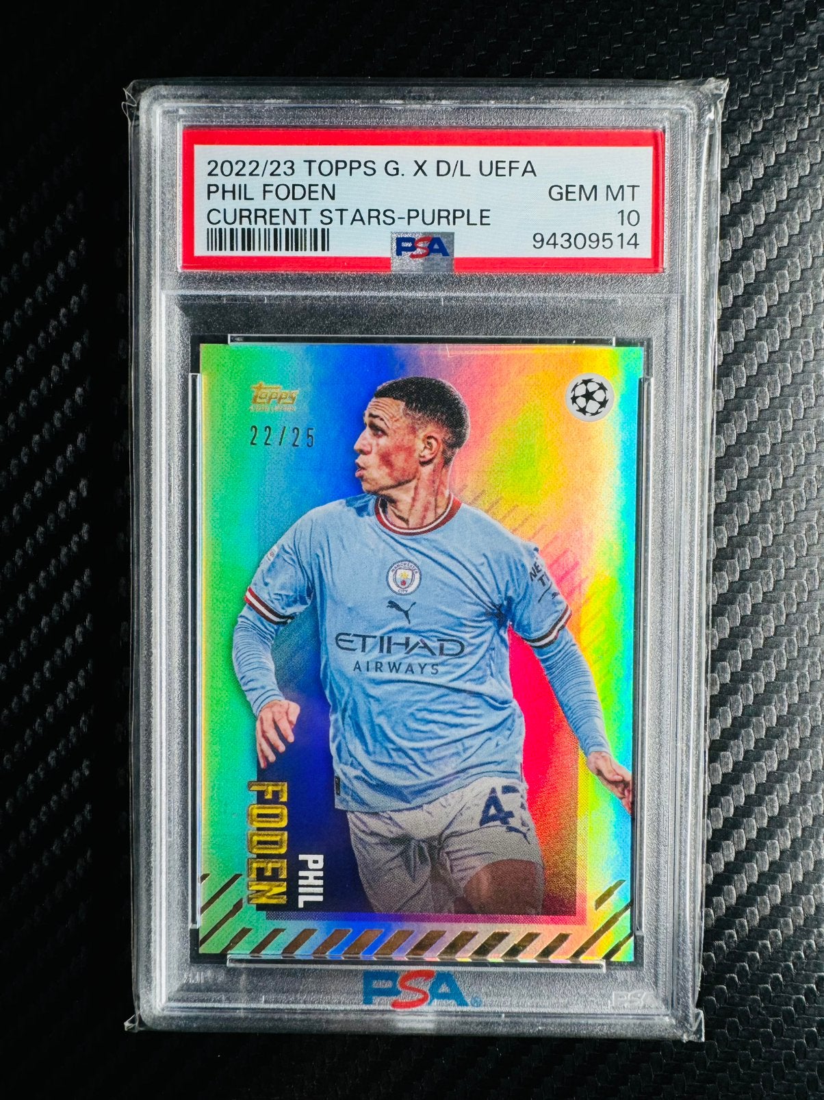 Topps Phil Foden /25 Current Stars Purple PSA 10 (POP 1!), Ophalen of Verzenden, Zo goed als nieuw, Plaatje