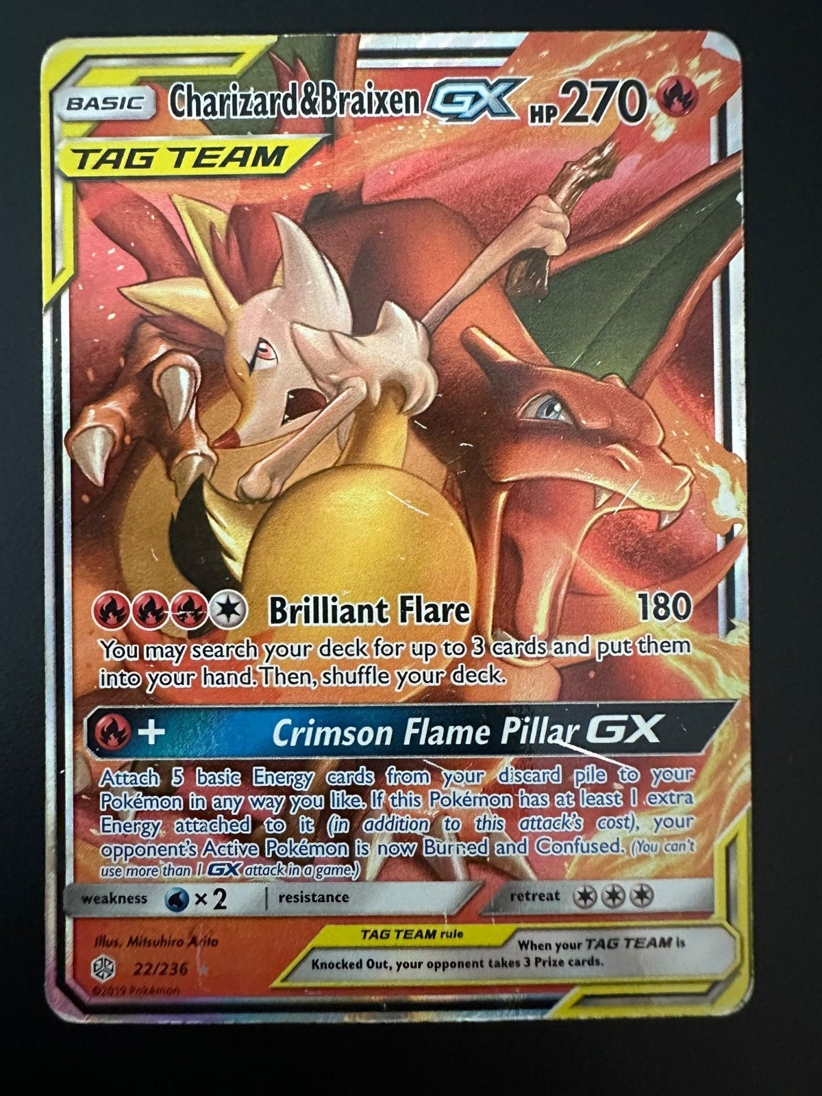 Charizard & Braixen GX Pokémon Kaart 22/236, Ophalen of Verzenden, Zo goed als nieuw