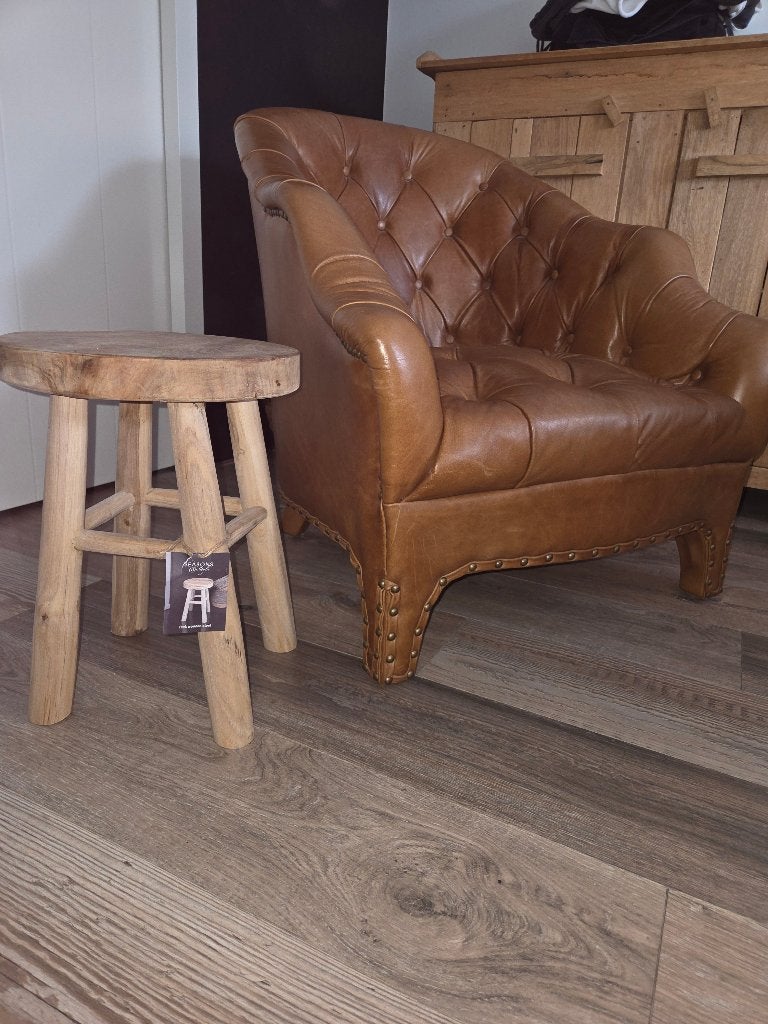 Kalfs lederen fauteuil 2 stuks, Ophalen, Zo goed als nieuw, Landelijk, brocante, Chesterfield, Engels, industrieel, 50 tot 75 cm