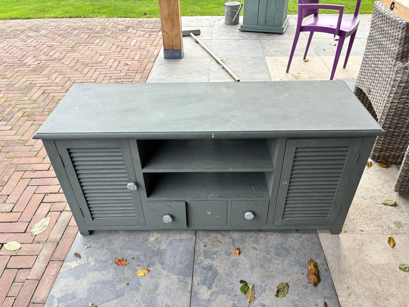 Vintage RTV-meubel/dressoir in grijsgroen, Ophalen, Gebruikt, 100 tot 150 cm, Minder dan 100 cm