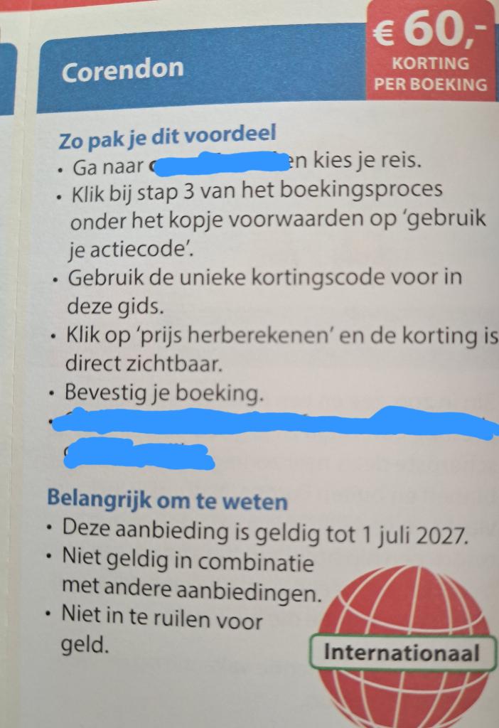 Corendon 60 euro korting, Eén persoon, Kortingsbon, Overige typen