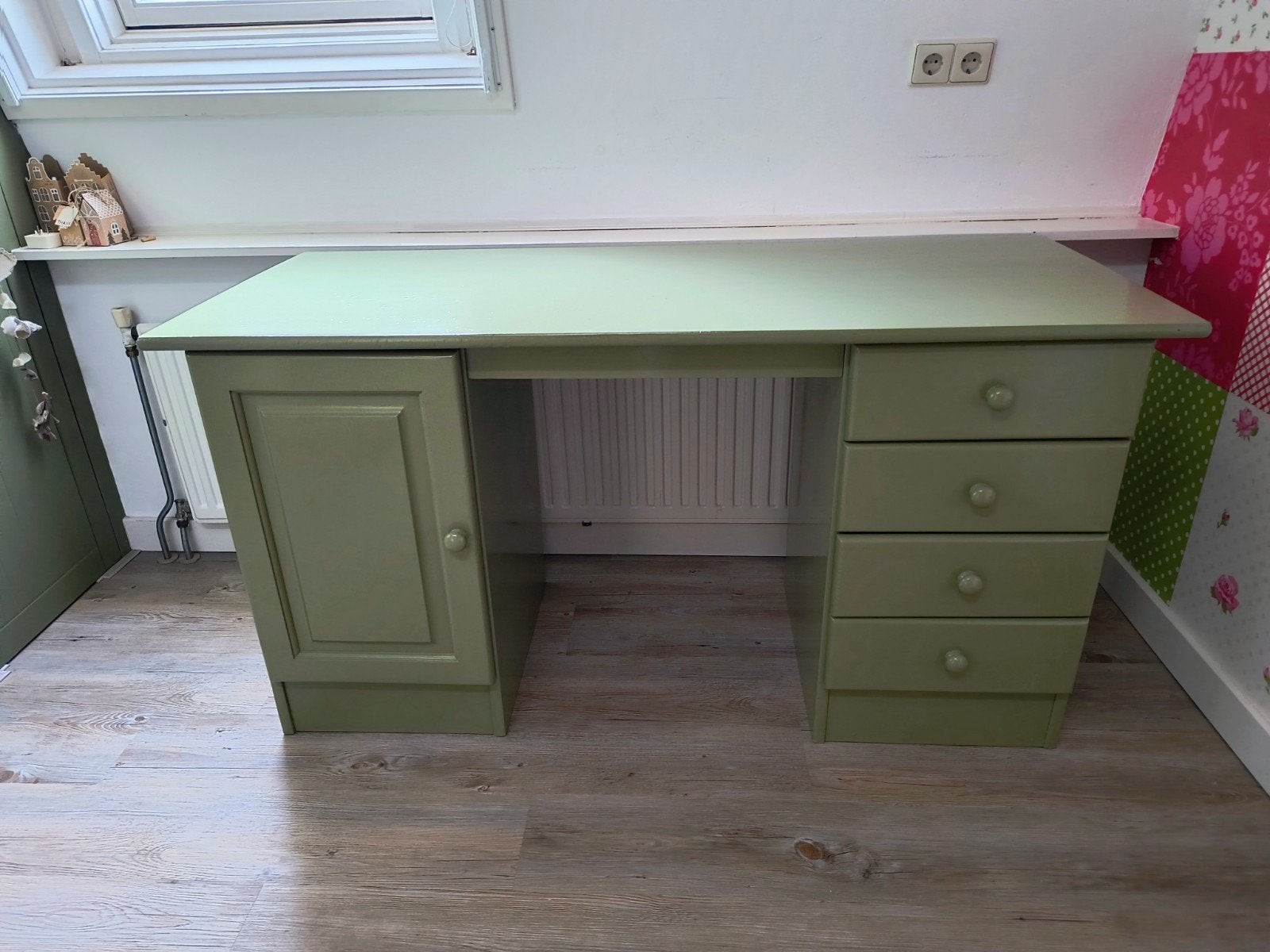 Vintage bureau met kast en lades - Olijfgroen, Ophalen, Met lades, Groen, Gebruikt
