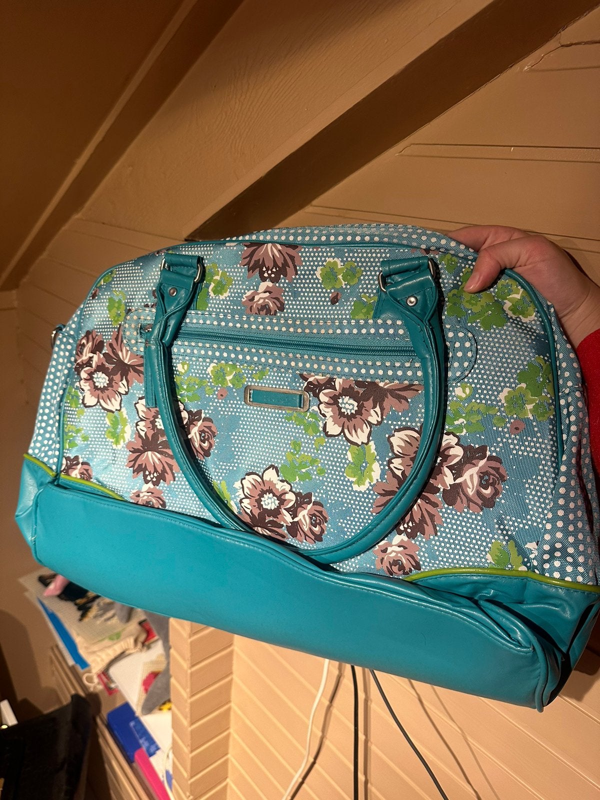 Weekendtas met bloemen, in blauw en groen, Ophalen of Verzenden, Zo goed als nieuw
