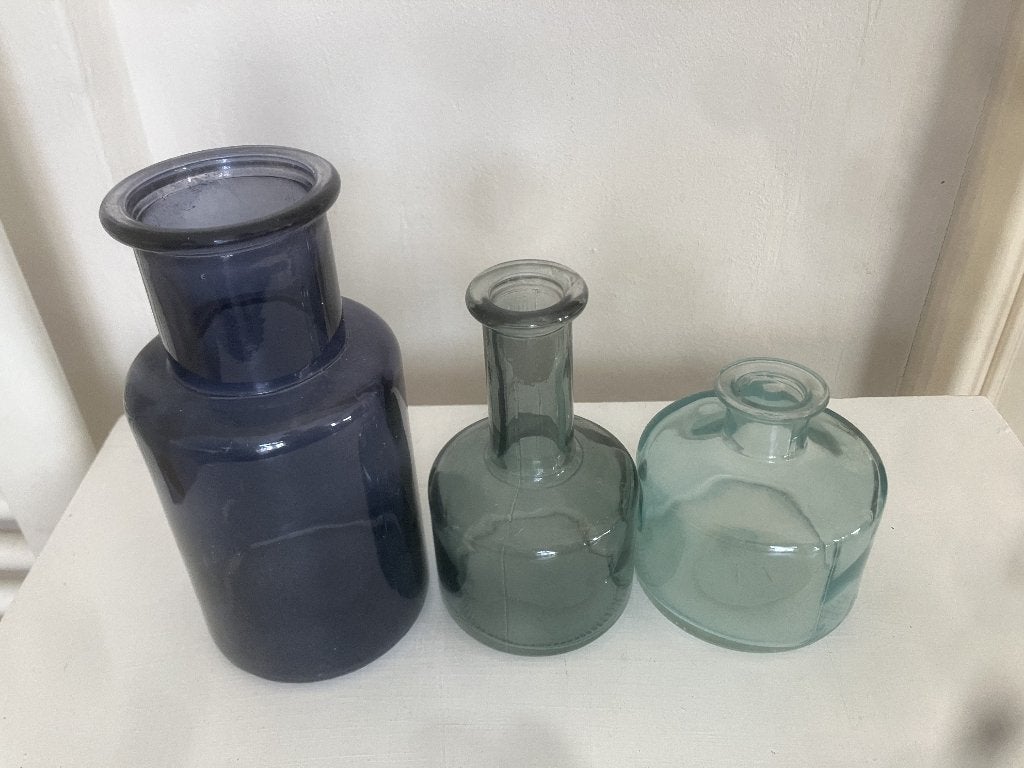 Set van 3 decoratieve blauwe glazen Vaasjes / Flesjes, Gebruikt, Overige kleuren, Ophalen of Verzenden, Glas