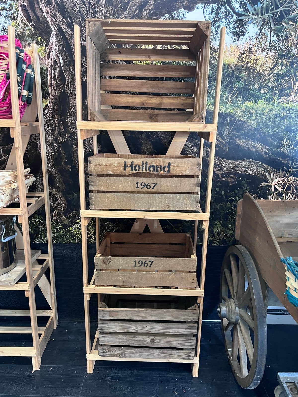 Houten rek met vintage fruitkisten, Ophalen, Gebruikt