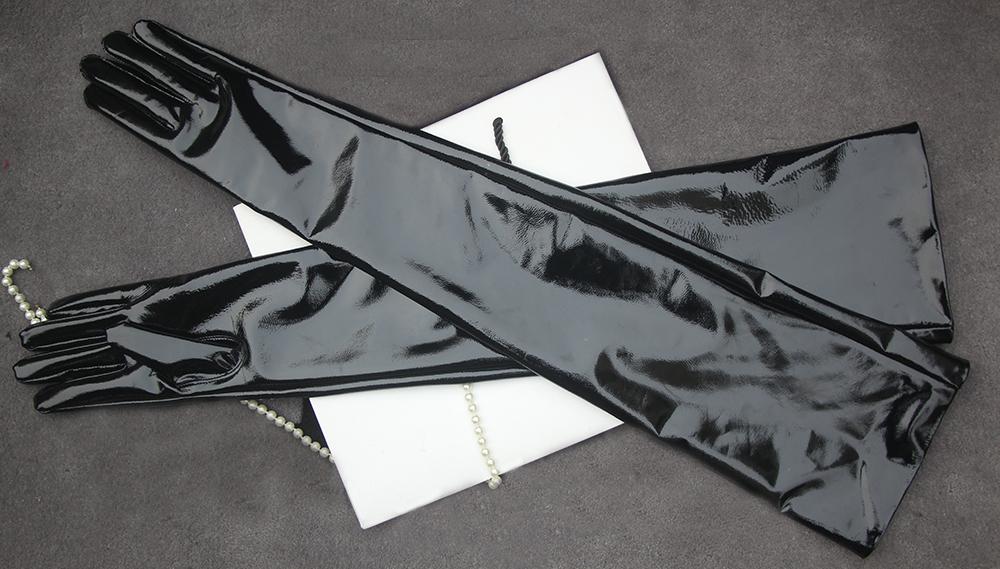 Zwarte lak leren dames handschoenen lange lakleer glimmende, Verzenden, Nieuw, Maat 38/40 (M), Handschoenen