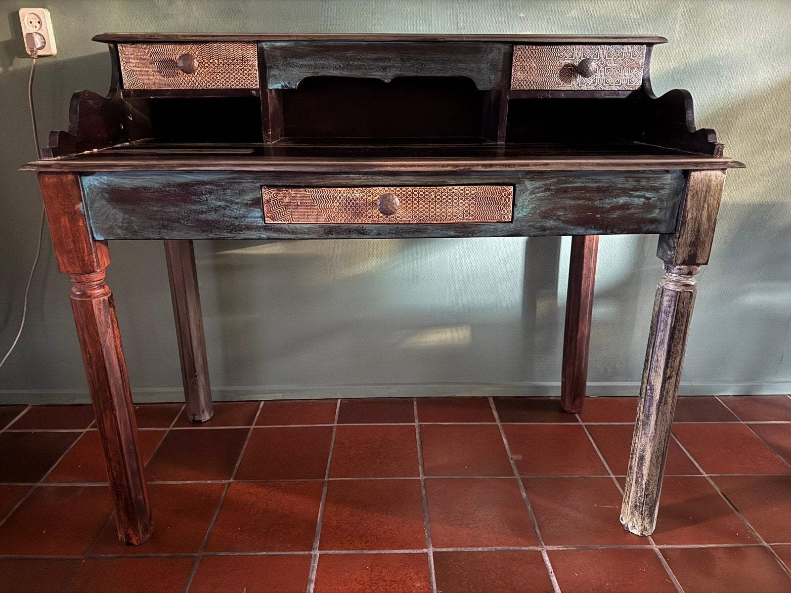 Uniek Vintage Secretaire - Handgeschilderd Hout, Ophalen, Gebruikt, Secretaire, Vintage