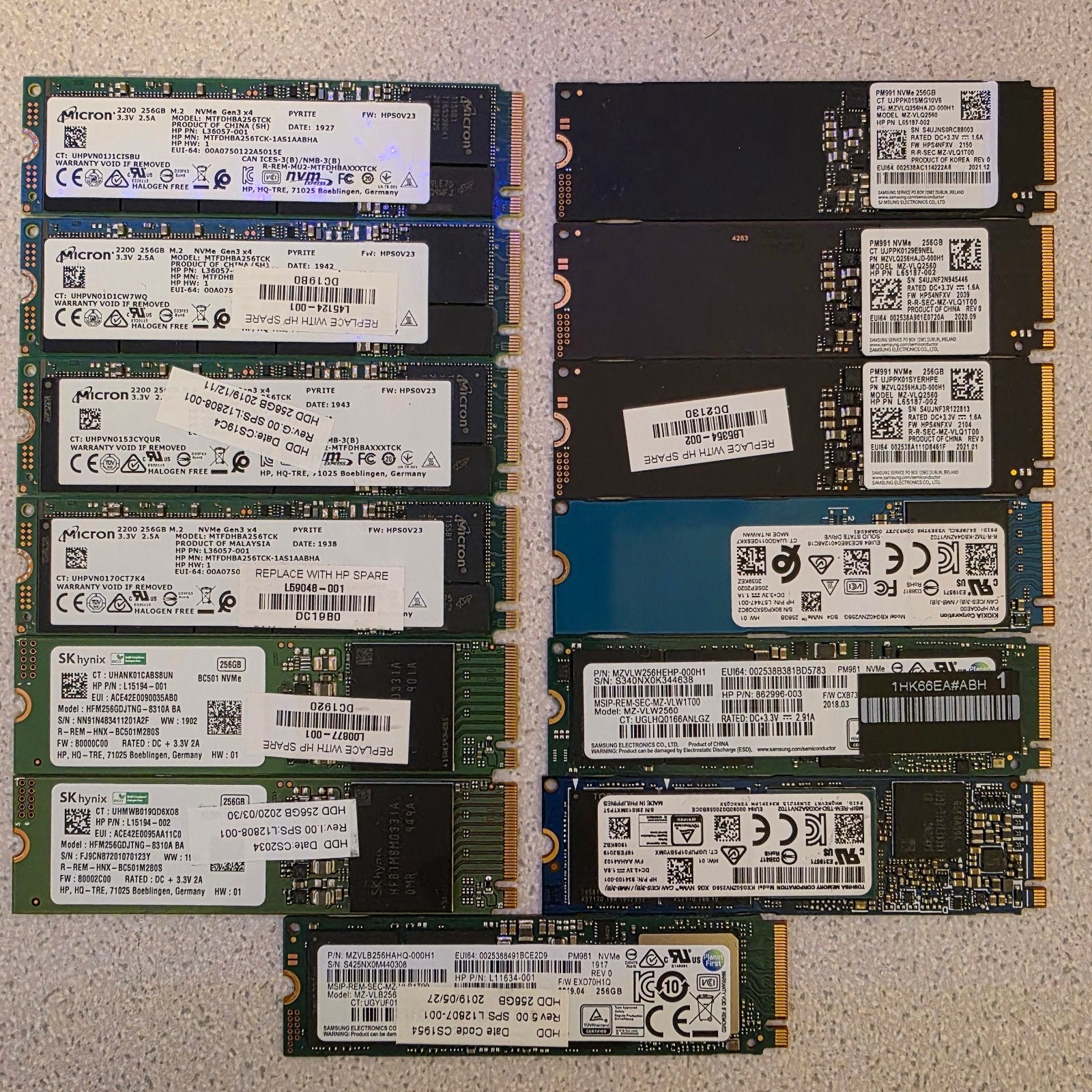 Partij 13x NVMe SSD 256GB (Samsung/Micron) M.2 2280, Computers en Software, Harde schijven, Intern, 256GB, SSD, Ophalen of Verzenden
