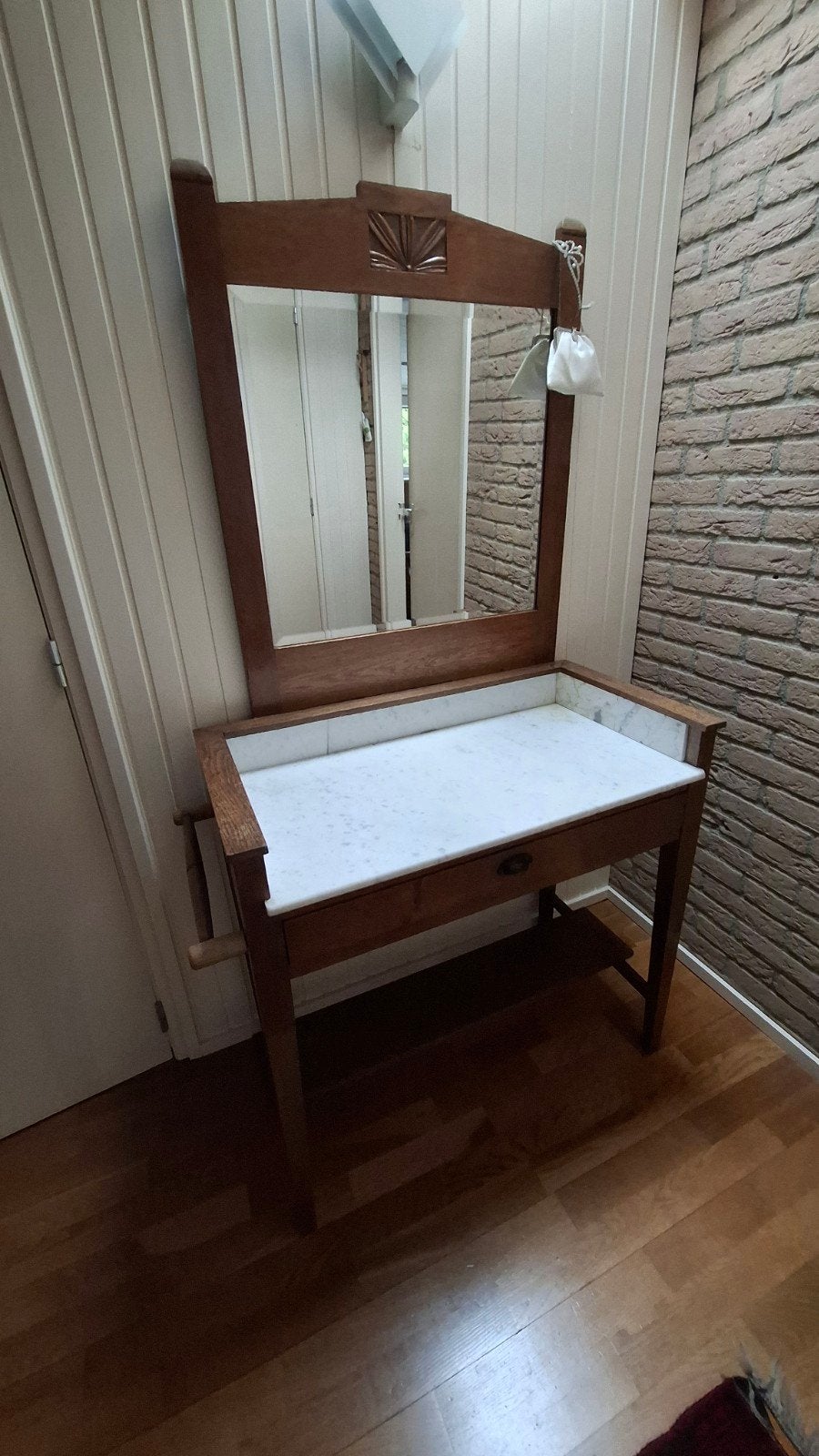 Antieke kaptafel /wastafel met marmeren blad en spiegel, Ophalen, Rechthoekig, 50 tot 100 cm, 150 tot 200 cm