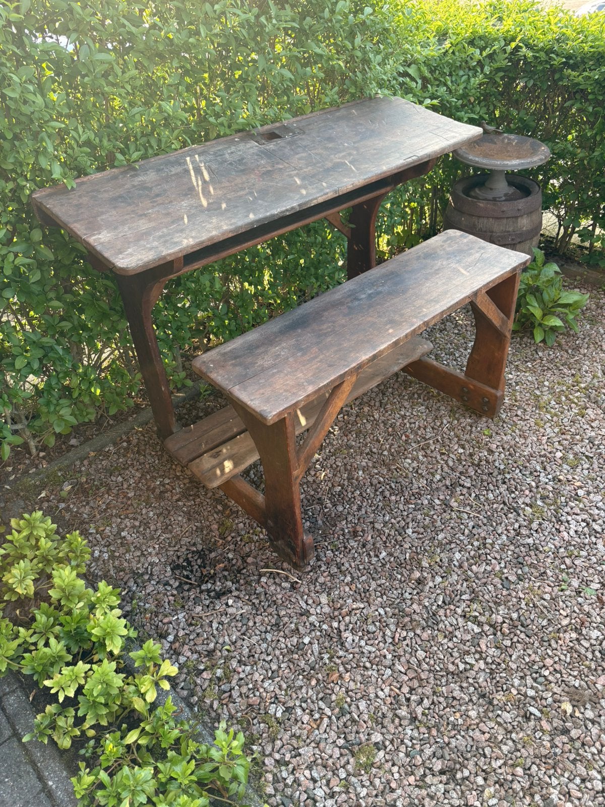 Oude antieke schoolbank, Ophalen, Gebruikt, Rechthoekig, Hout
