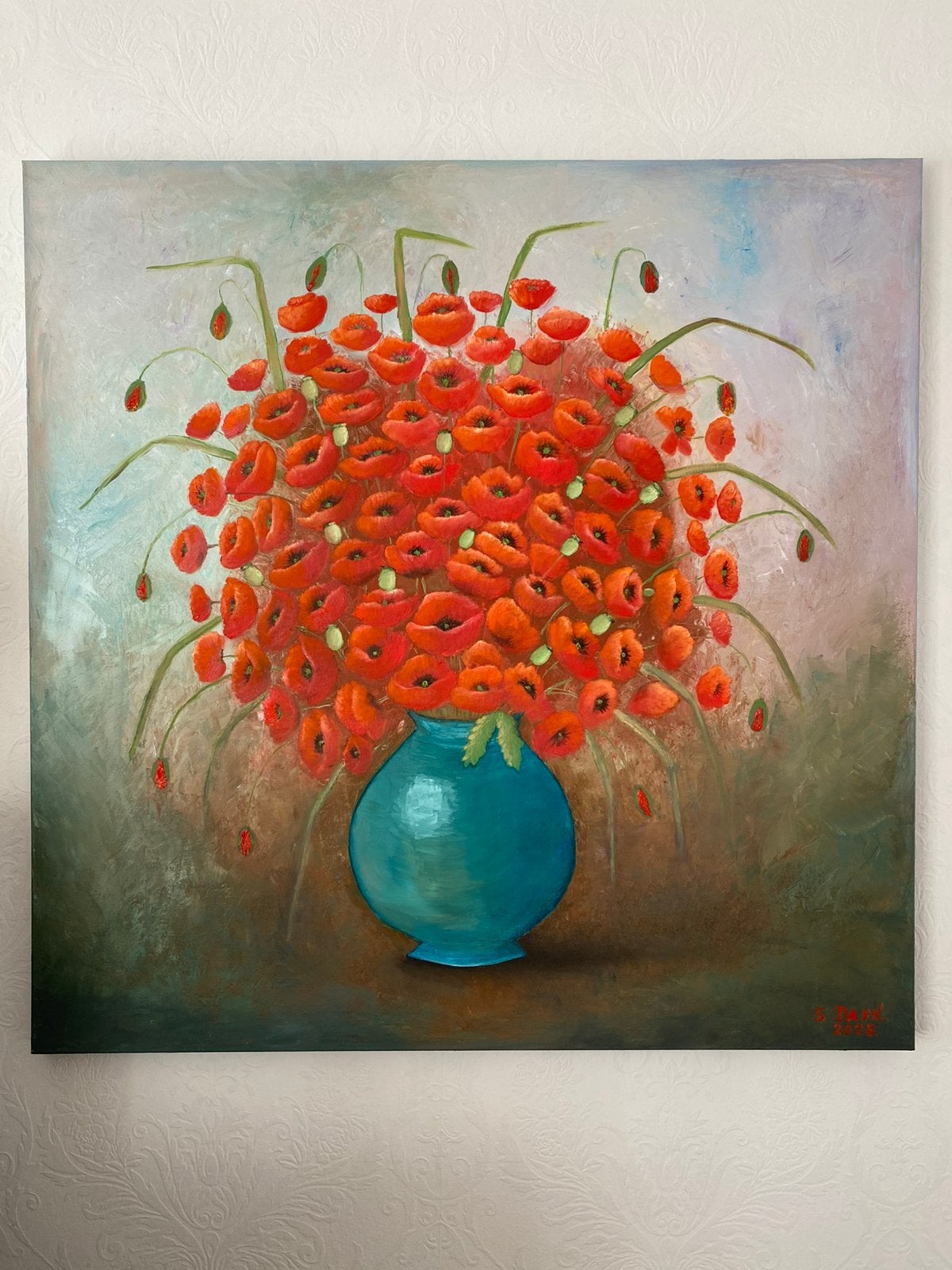 Prachtig uniek kleurrijk schilderij,  100X100 cm, Ophalen, Handgeschilderd, Olieverf, Bloemen