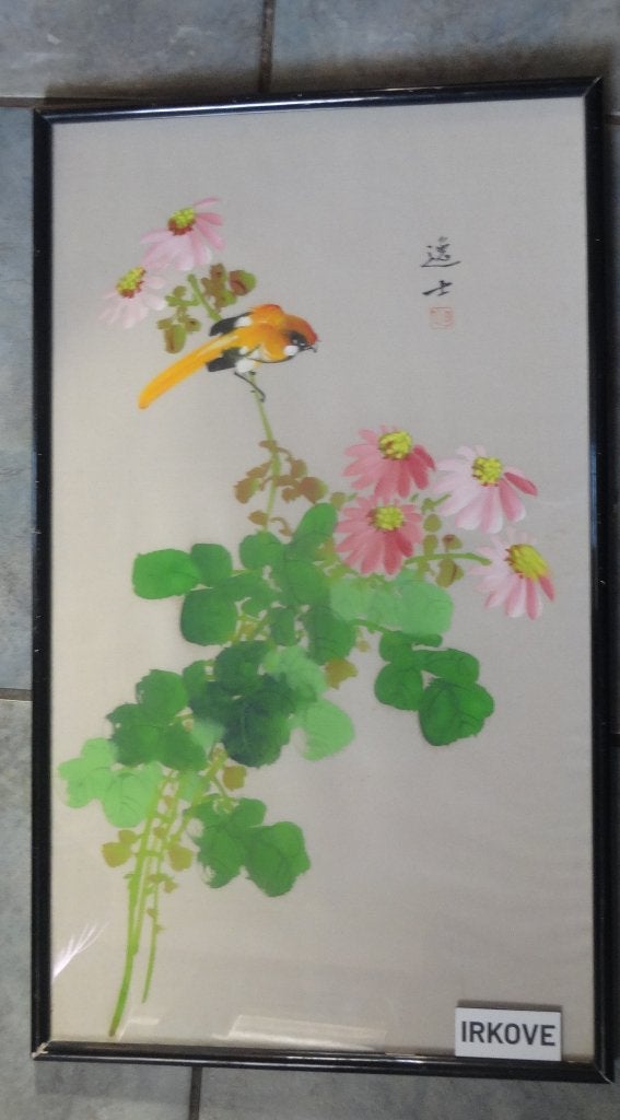 ZIJDE SCHILDERING VOGEL OP BLOEM * Japans *, Antiek en Kunst, Kunst | Niet-Westerse kunst, 53 cm, Gemerkt, Ophalen of Verzenden
