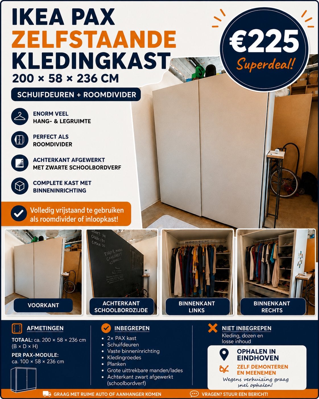 IKEA PAX kledingkast 20058236 | schuifdeuren | compleet, Ophalen, Zo goed als nieuw, 50 tot 75 cm, 200 cm of meer