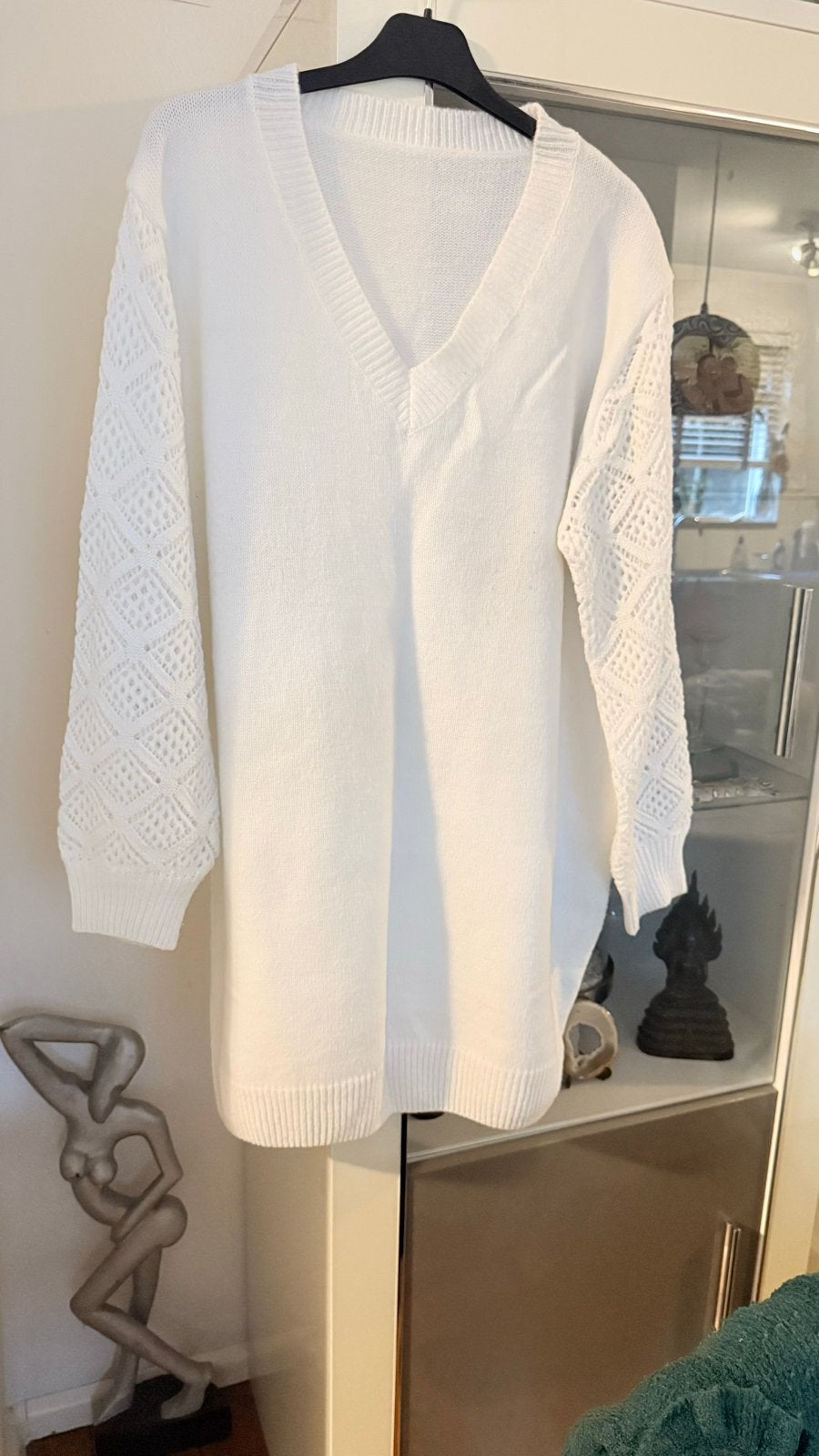 Witte Trui Jurk met V-hals en Gehaakte Mouwen maat 50, Kleding | Dames, Ophalen of Verzenden, Nieuw, Wit, Jurk