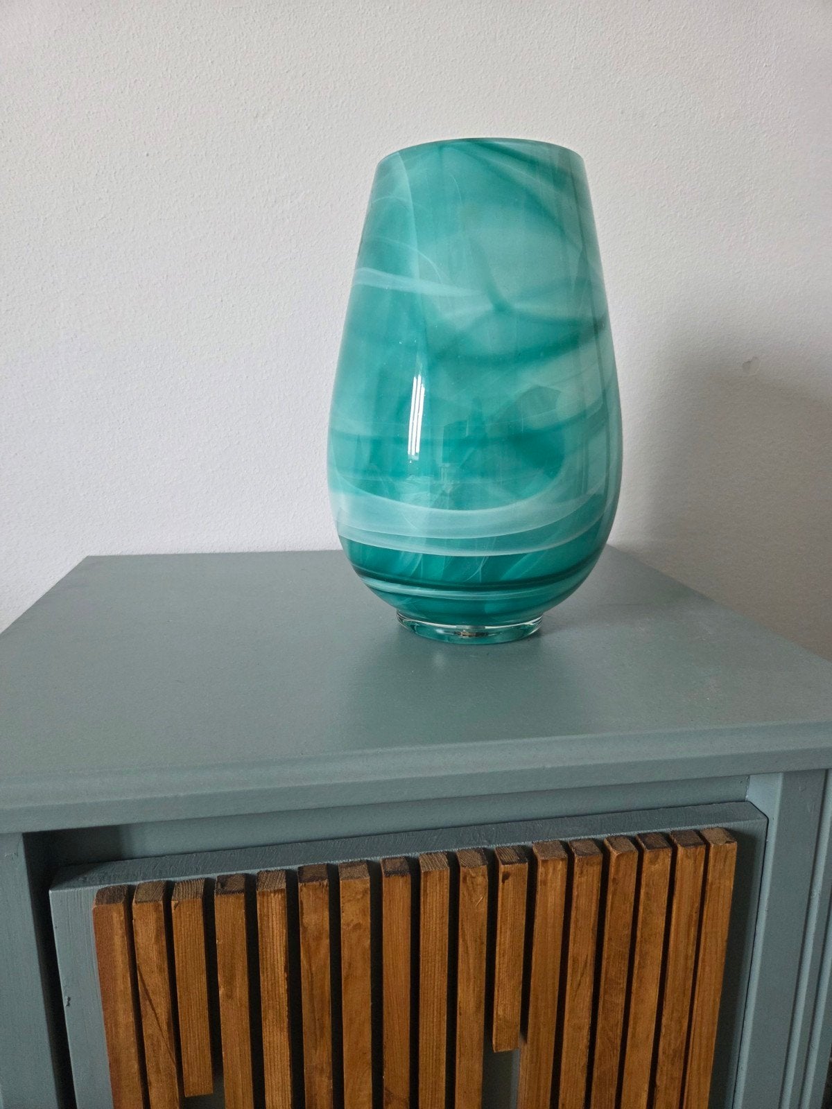 Vintage Retro Midcentury Glazen tafellamp Turquoise, Ophalen, Minder dan 50 cm, Retro midcentury, Glas