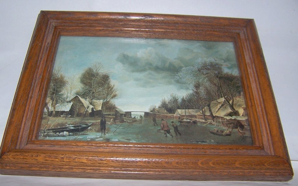 Antiek Hollands Winterlandschap Schilderij in Lijst. 16x21cm, Ophalen of Verzenden