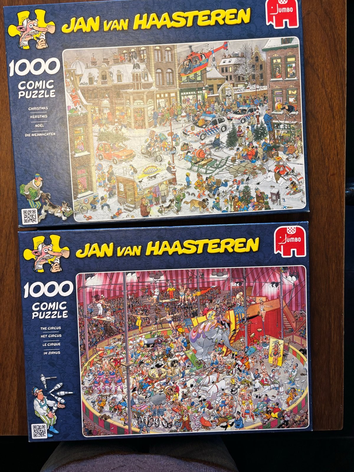 Jan van Haasteren Puzzels: Kerstmis & Circus (2x 1000 stukje, Ophalen, 500 t/m 1500 stukjes, Zo goed als nieuw, Legpuzzel