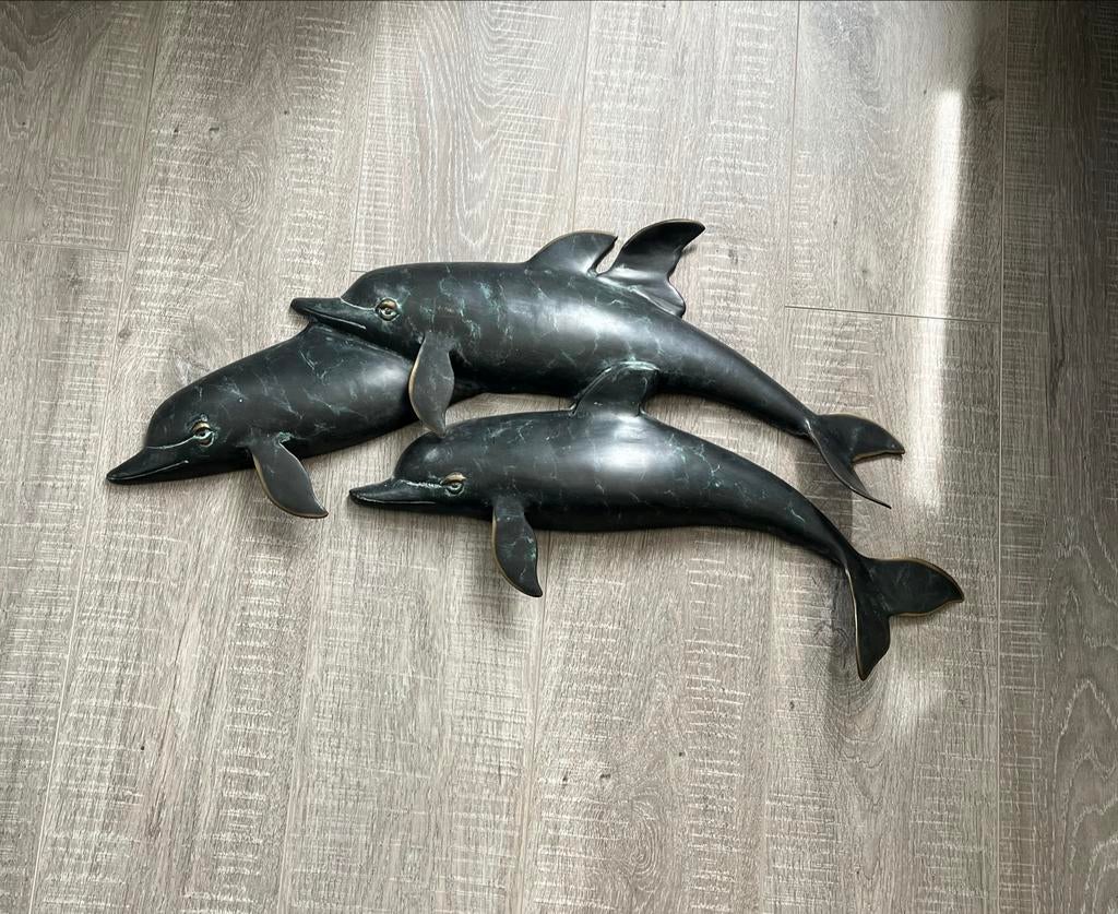 Uniek Bronzen dolfijnen wanddecoratie 70x40cm - 3 dolfijnen, Ophalen, Brons