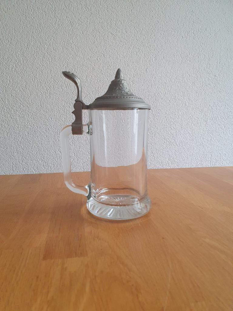 Glazen bierpul met deksel, Verzamelen, Ophalen of Verzenden, Zo goed als nieuw, Bierglas