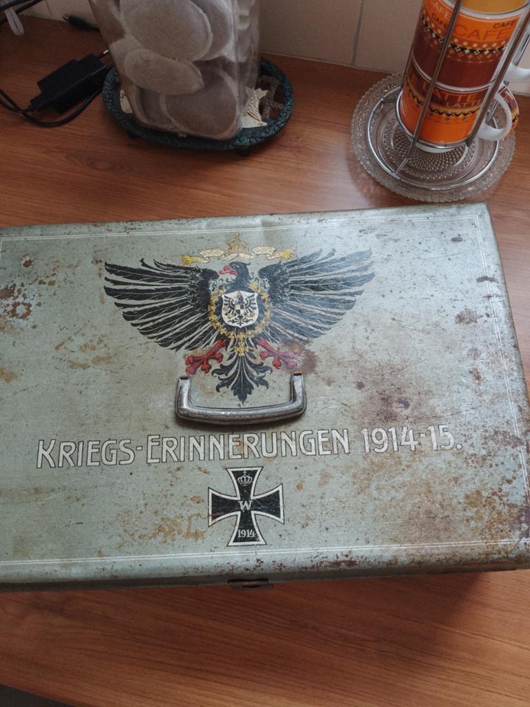 Duitse WO1 blikken kist met Kriegs Ernnerungen, Verzamelen, Ophalen of Verzenden, Duitsland
