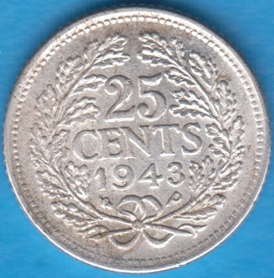 Nederland 25 cent 1943 EP Wilhelmina zilver in munthouder, Zilver, 25 cent, Ophalen of Verzenden, Koningin Wilhelmina
