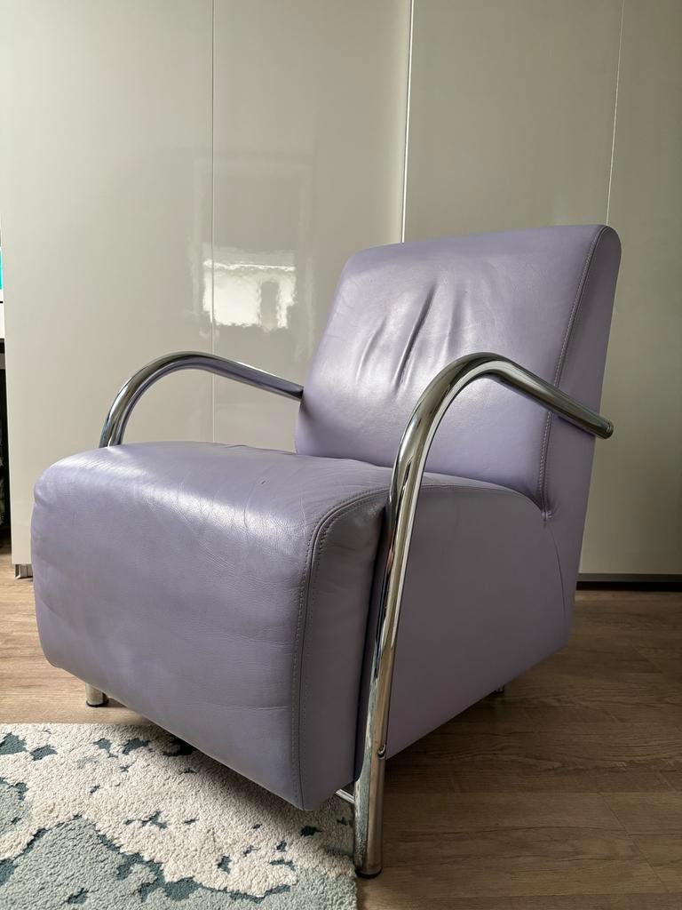 Lila leren fauteuil, Ophalen, Gebruikt, Design, 50 tot 75 cm